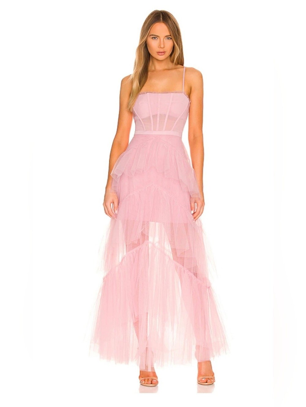 BCBGMAXAZRIA Corset Tulle Gown in Pink Tint